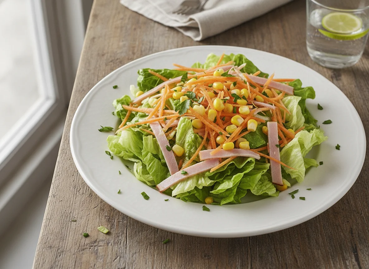 Ensalada de lechuga, zanahoria, jamón y maíz photo