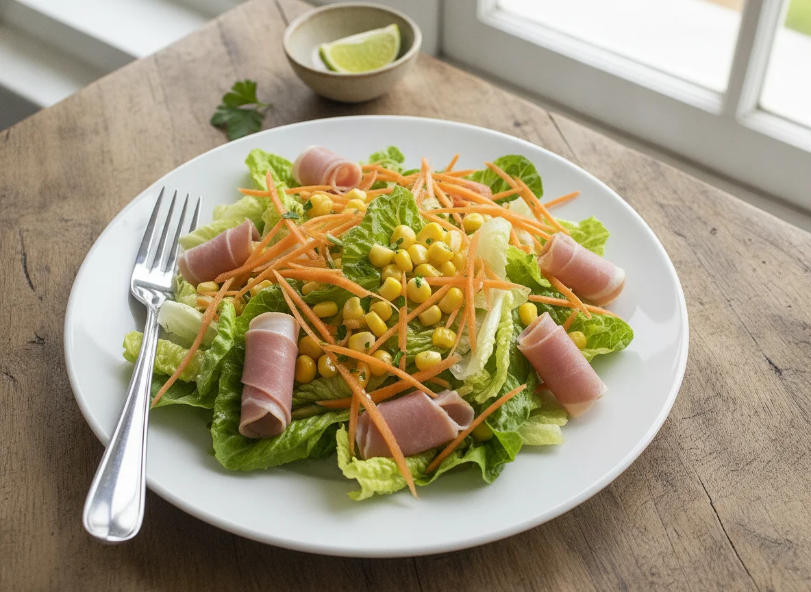 Ensalada de lechuga, zanahoria, maíz y jamón photo