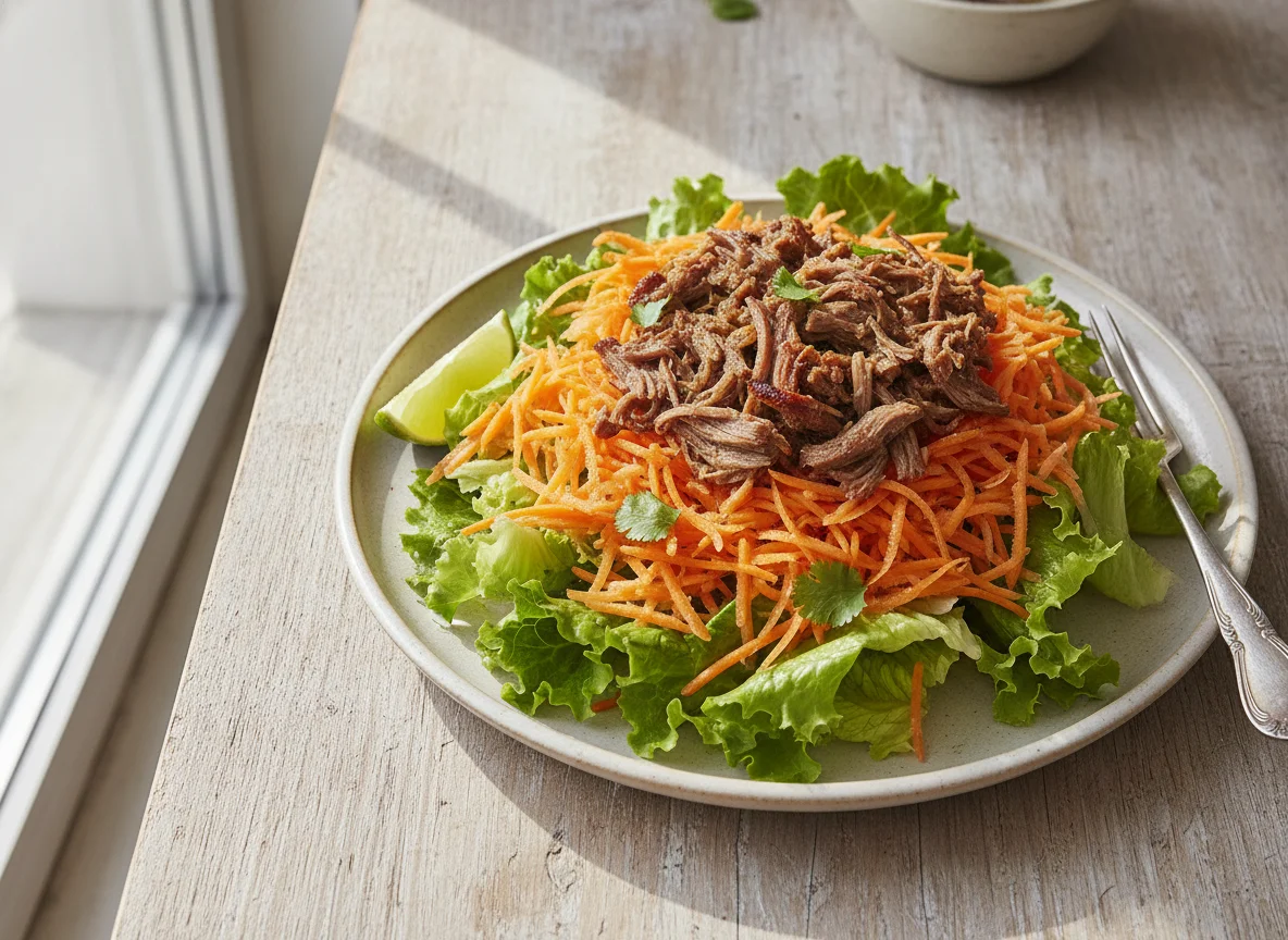 Ensalada de lechuga, zanahoria y carne deshebrada photo