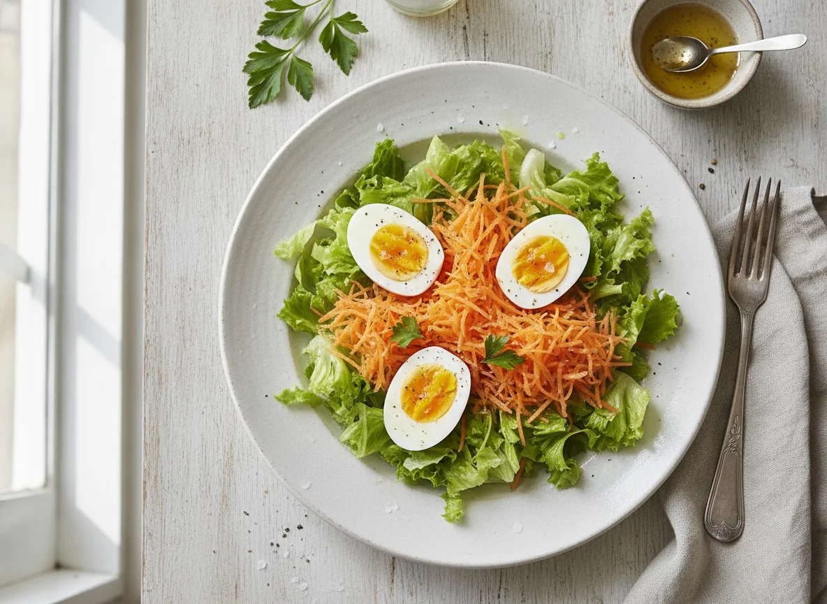 Ensalada de lechuga, zanahoria y huevo photo