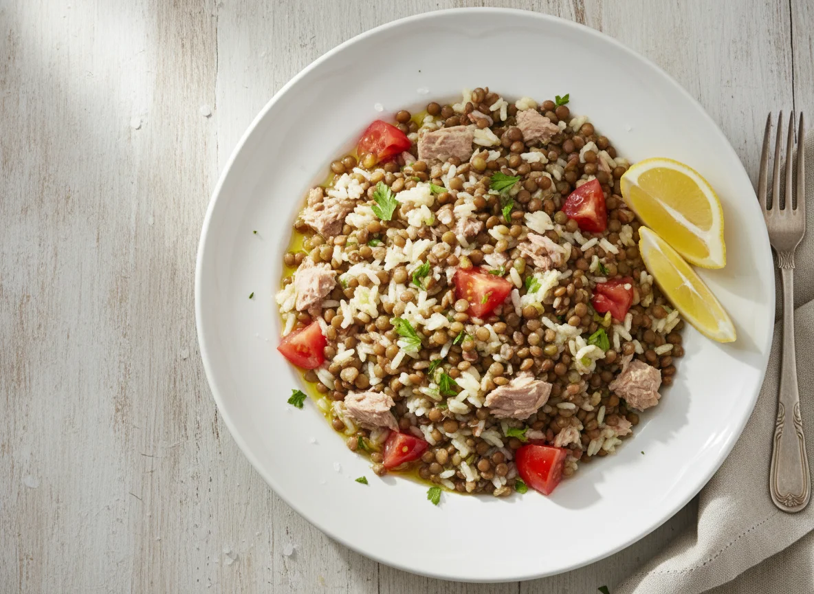 Ensalada de lentejas, atún y arroz photo