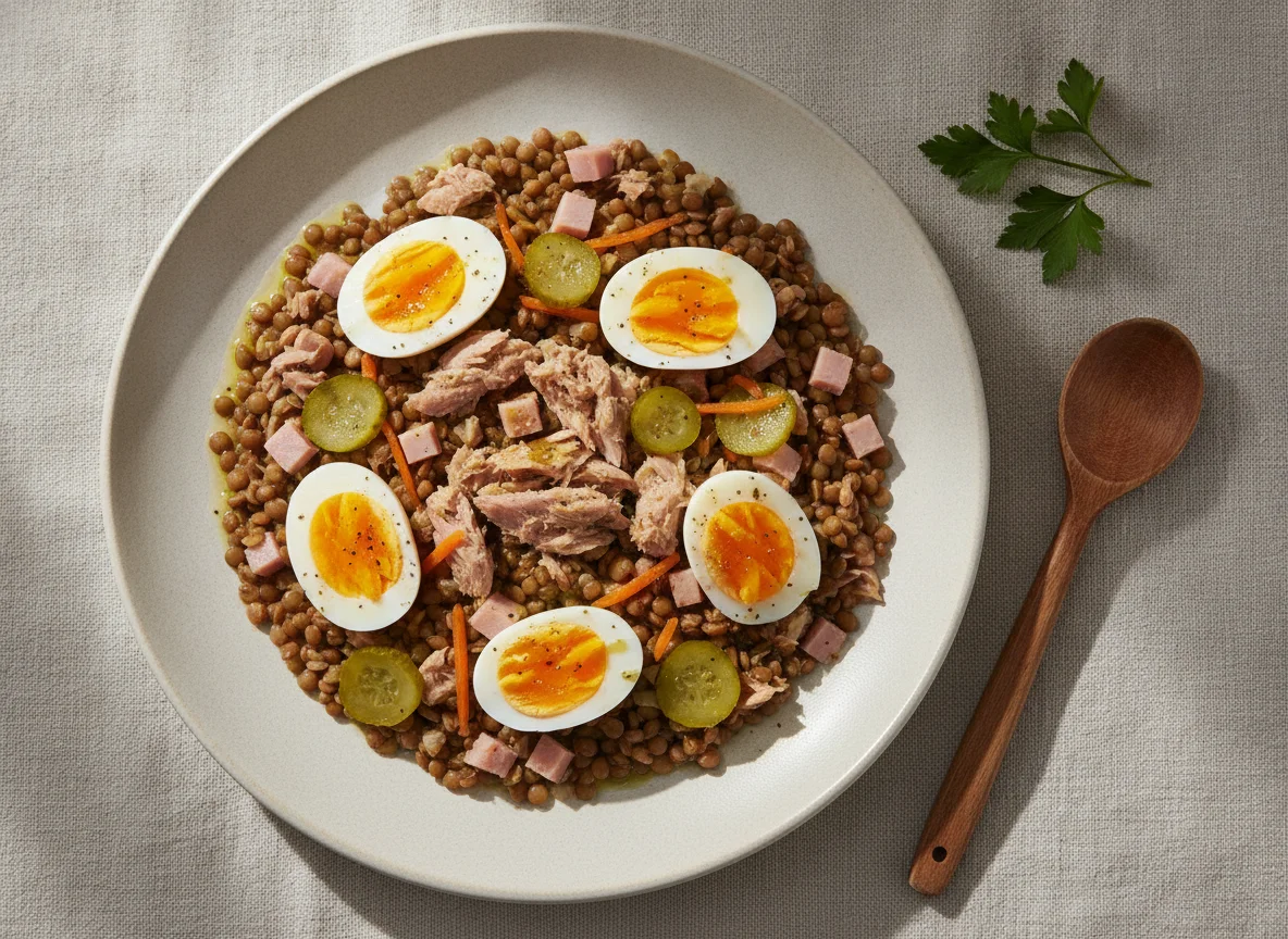 Ensalada de lentejas con atún, jamón y huevo photo