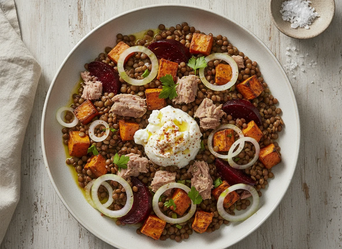 Ensalada de lentejas con atún y boniato asado photo