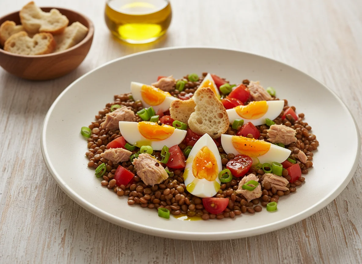 Ensalada de lentejas con atún y huevo photo