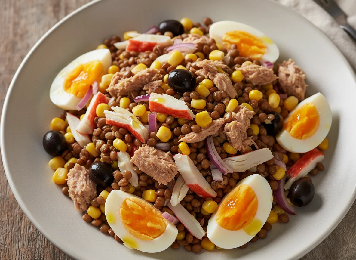 Ensalada de lentejas con atún y surimi photo