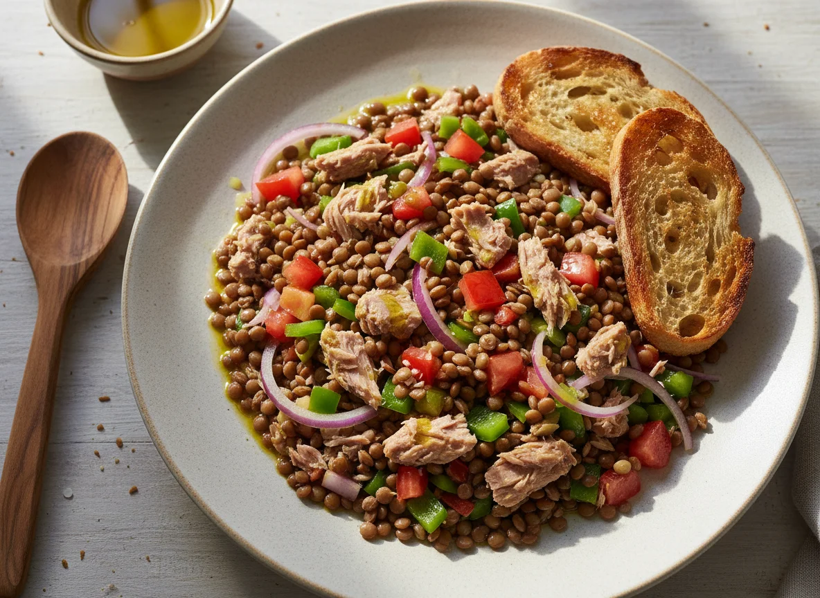 Ensalada de lentejas con atún y verduras photo