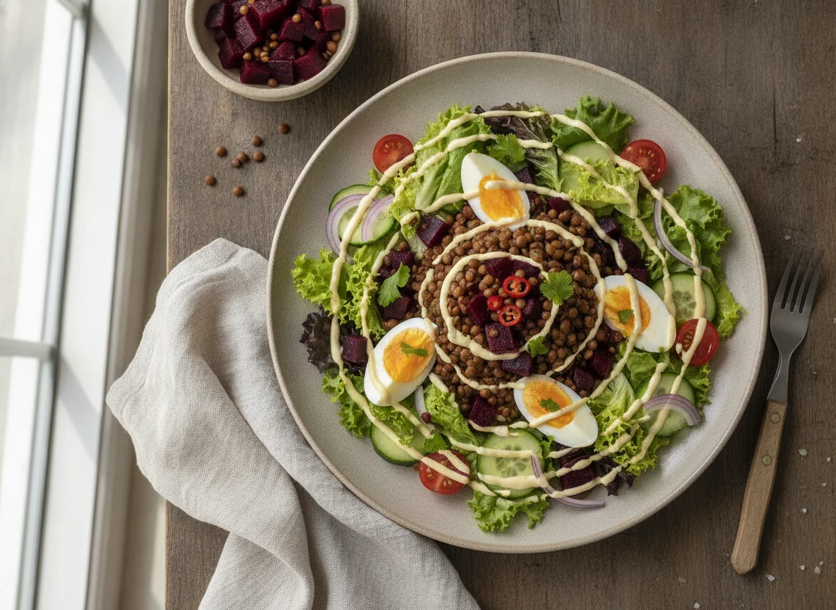 Ensalada de lentejas con betabel y huevo photo