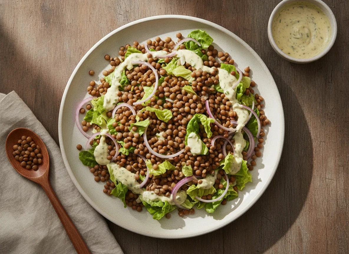 Ensalada de lentejas con cebolla y lechuga photo