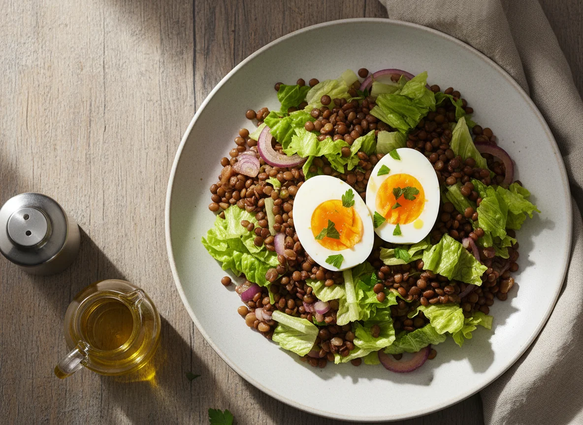 Ensalada de lentejas con huevo y lechuga photo