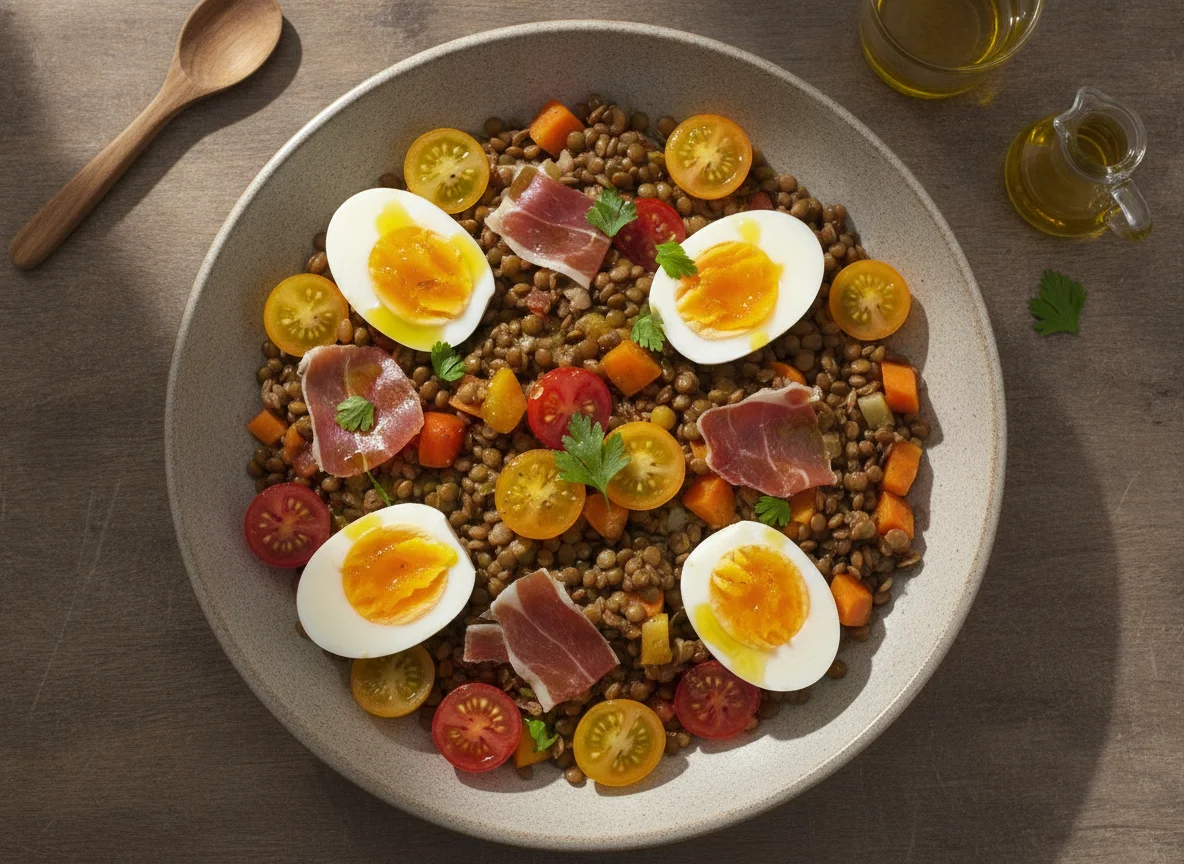 Ensalada de lentejas con jamón y huevo photo