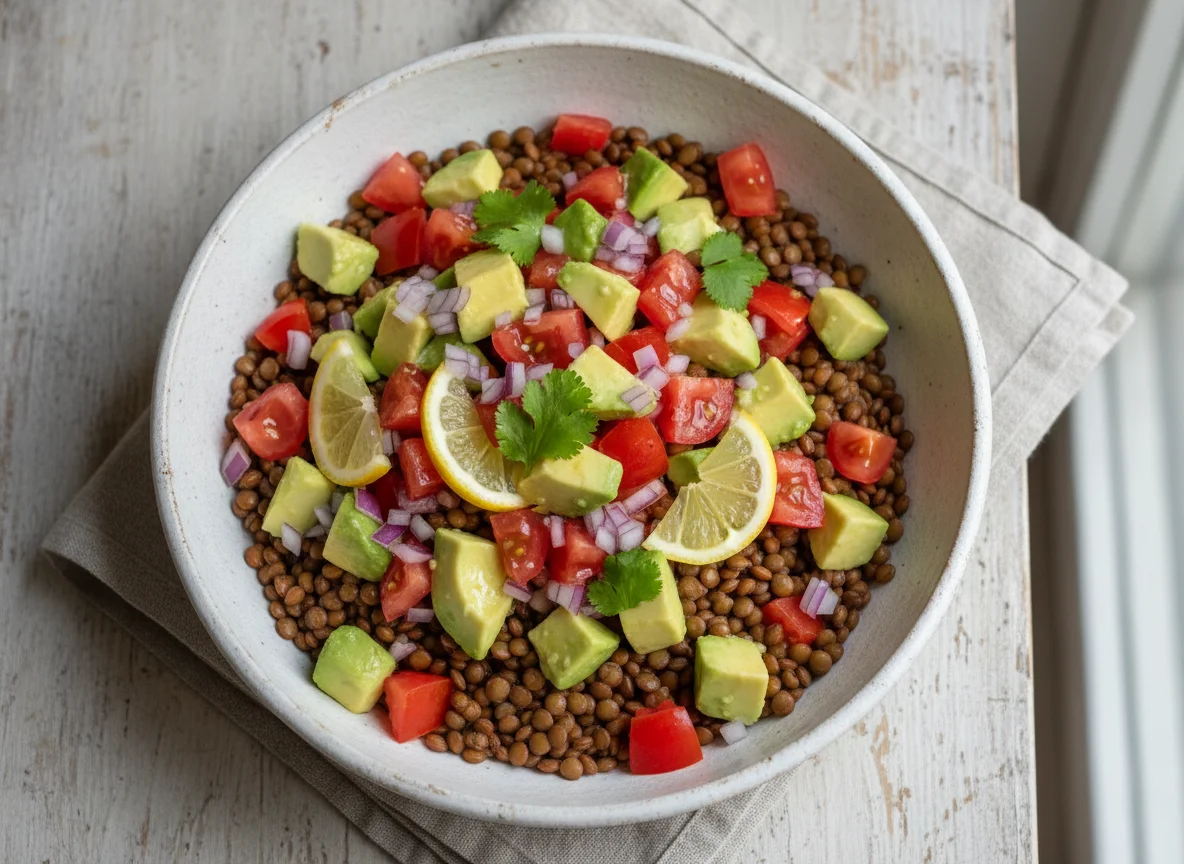 Ensalada de lentejas con palta y tomate photo