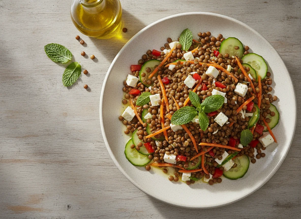 Ensalada de lentejas con queso feta y verduras photo