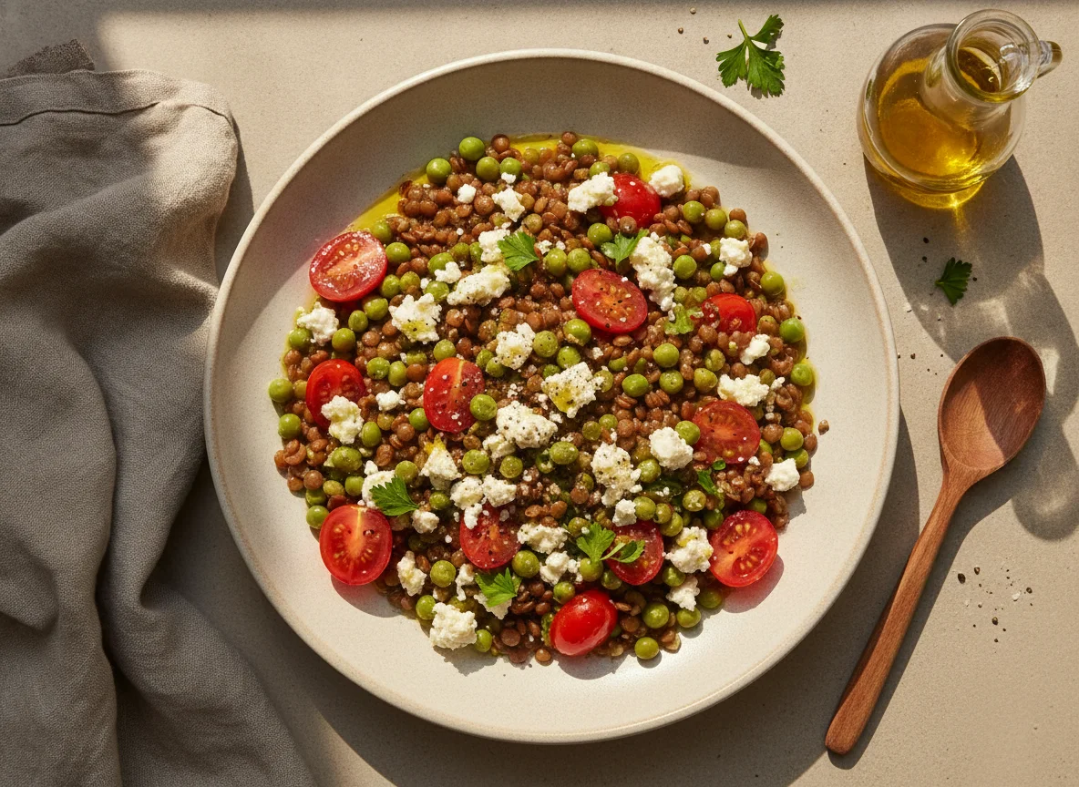 Ensalada de lentejas con tomate, guisantes y queso feta photo