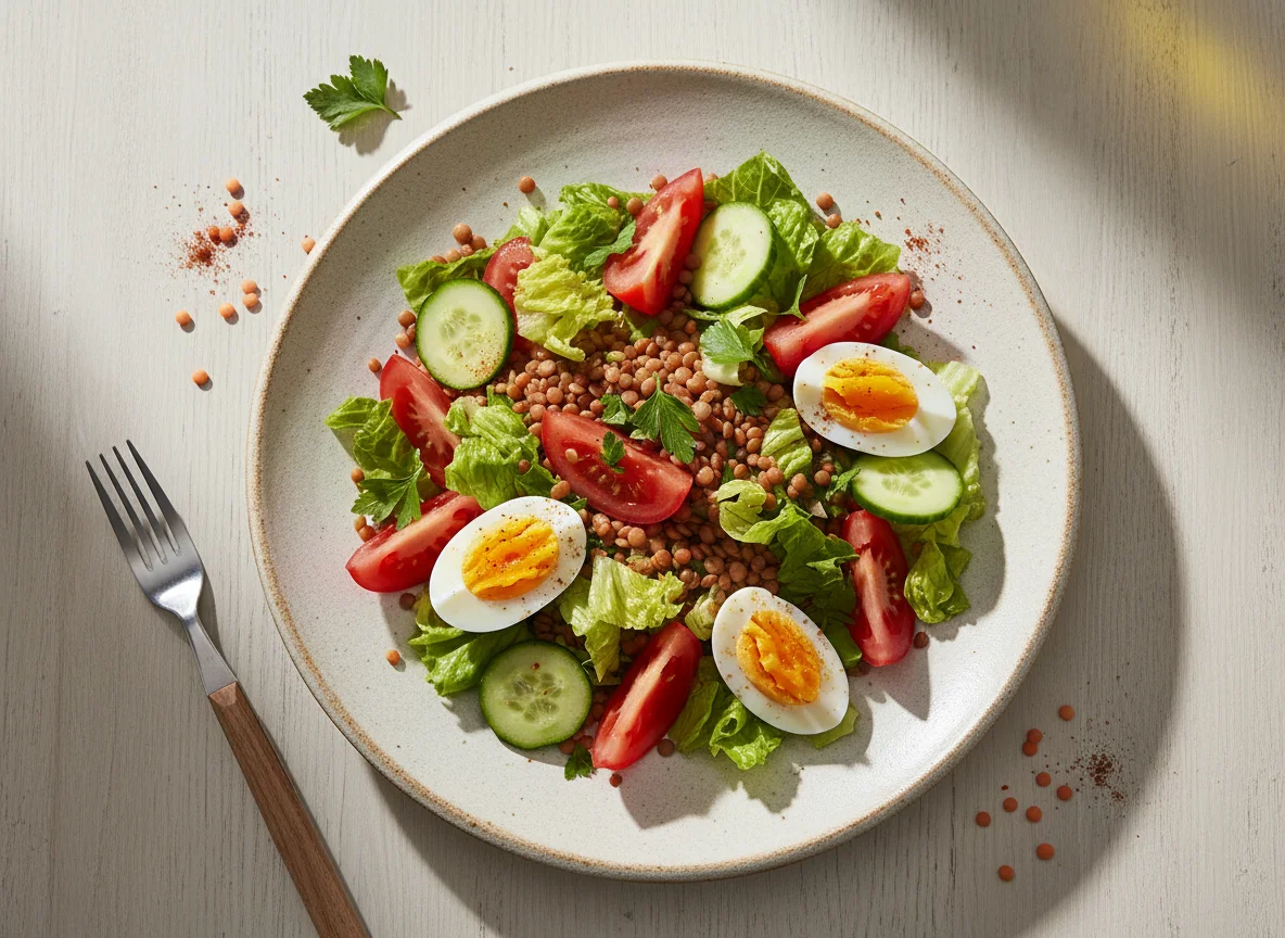 Ensalada de lentejas con vegetales y huevo photo