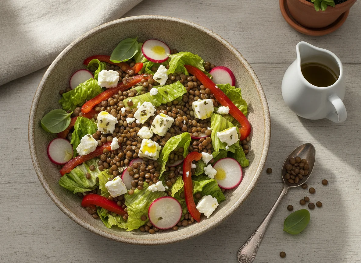 Ensalada de lentejas con verduras y queso feta photo
