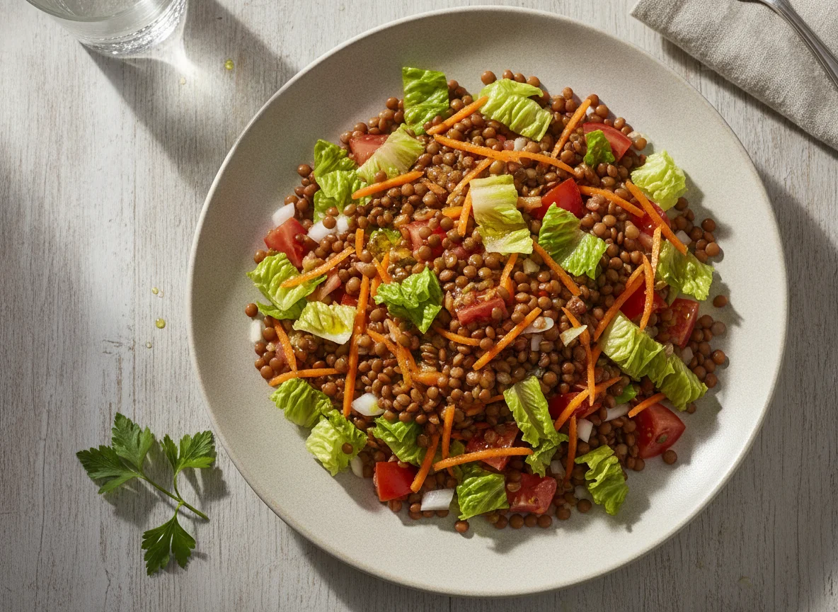 Ensalada de lentejas con zanahoria y lechuga photo