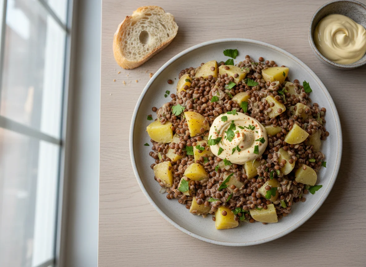Ensalada de lentejas y papa con aderezo photo
