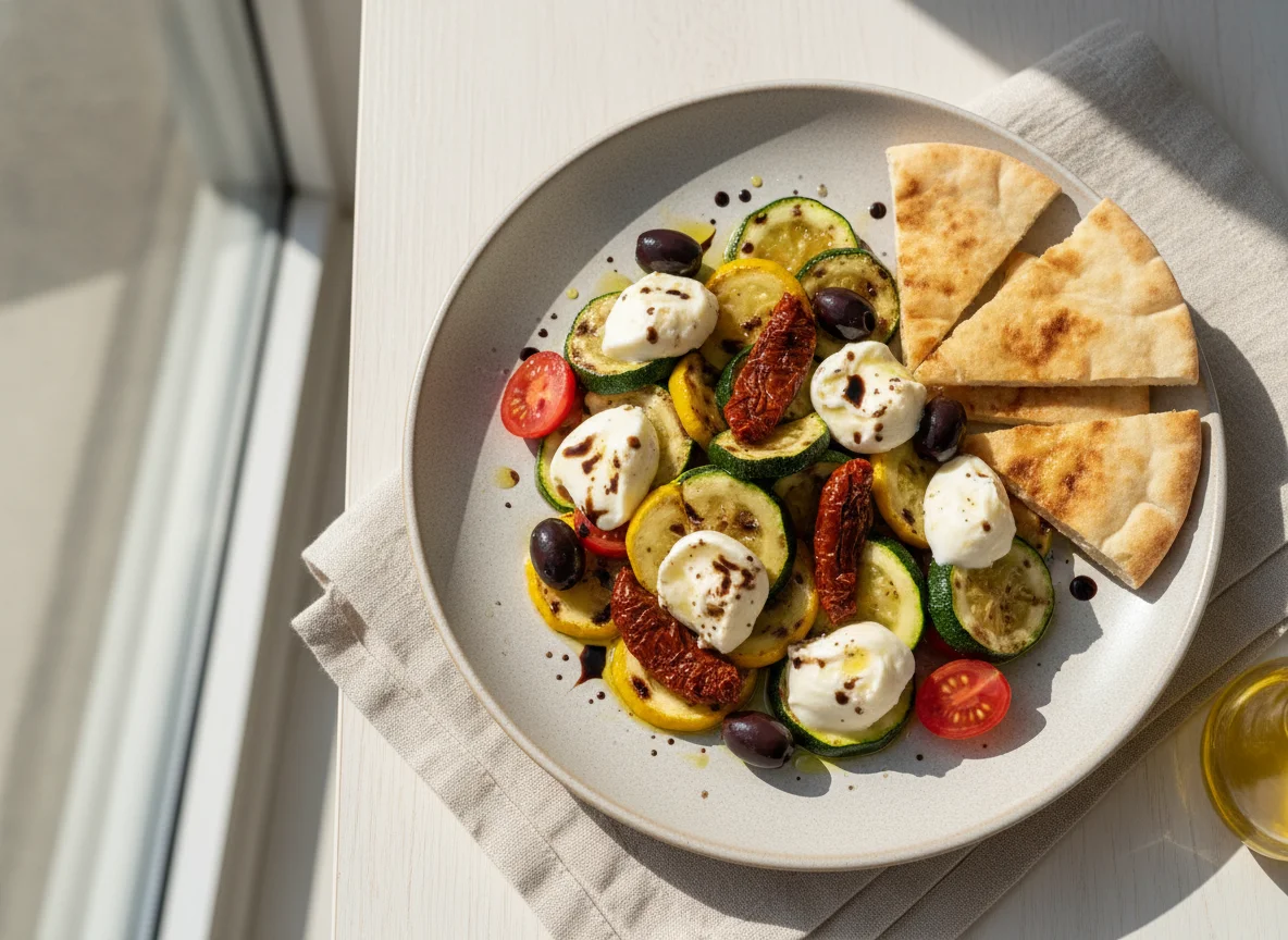 Ensalada de mozzarella con vegetales asados y pan pita photo