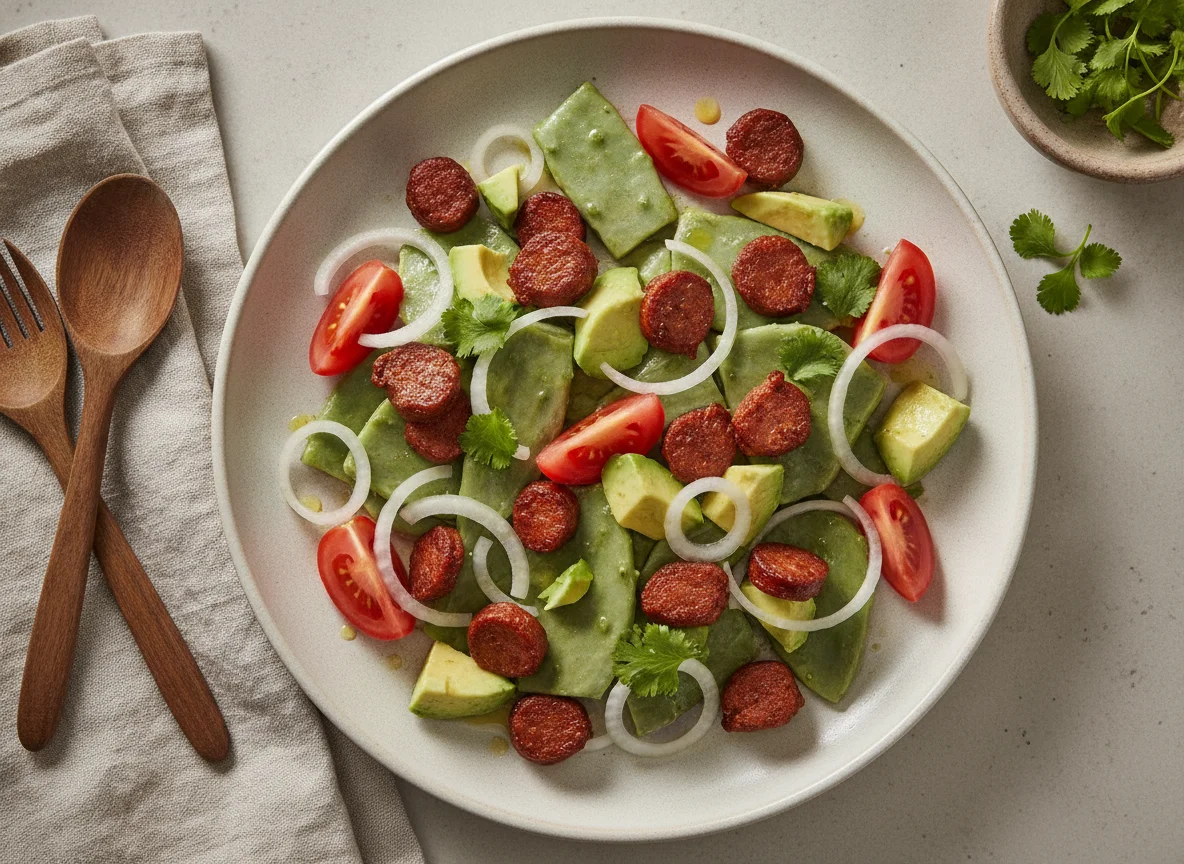 Ensalada de nopales con chorizo y aguacate photo