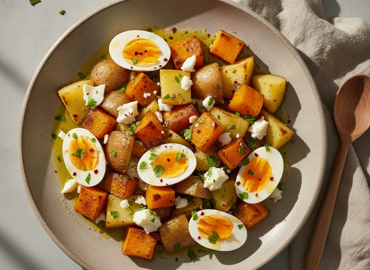 Ensalada de papa, calabaza y huevo photo