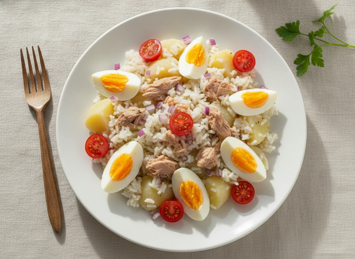 Ensalada de papa con atún, arroz y huevo photo