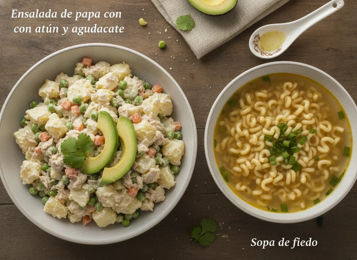Ensalada de papa con atún y aguacate, con sopa de fideo photo