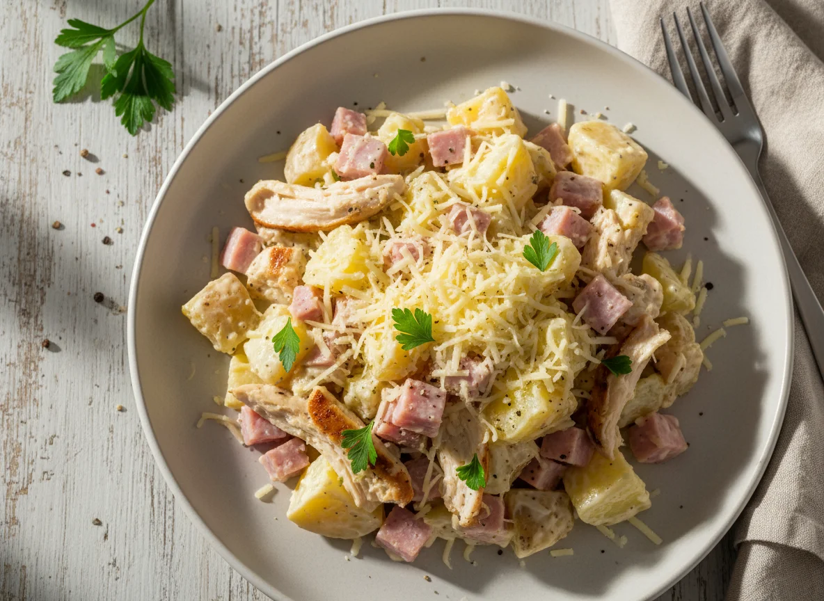Ensalada de papa con jamón y pollo photo