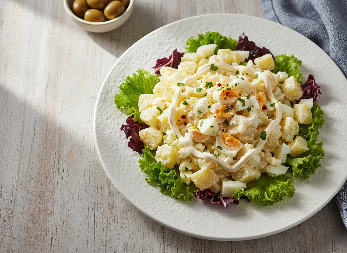 Ensalada de papa y huevo con lechuga photo