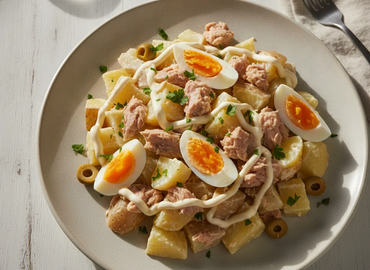 Ensalada de papas, atún y huevo photo