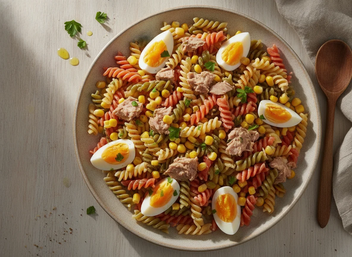 Ensalada de pasta con atún, huevo y maíz photo