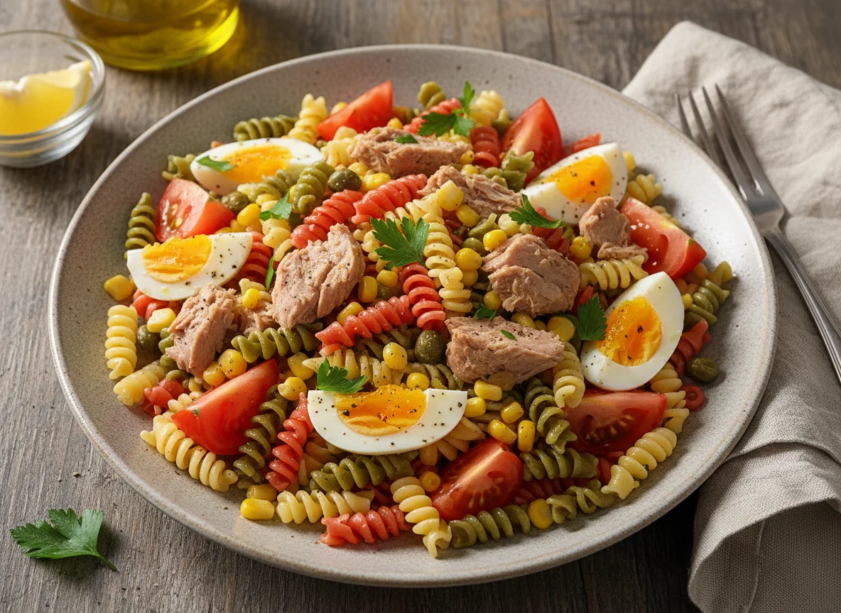 Ensalada de pasta con atún, maíz, tomate y huevo photo