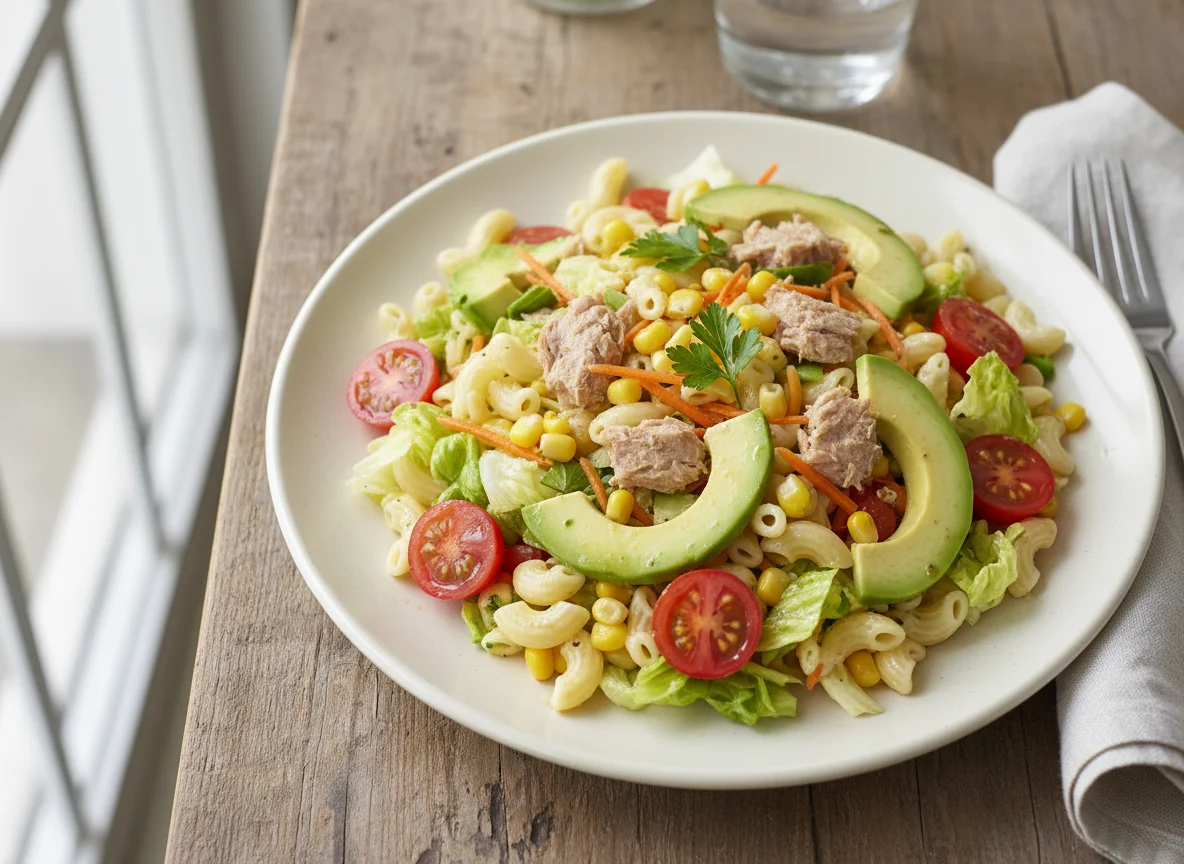 Ensalada de pasta con atún y aguacate photo