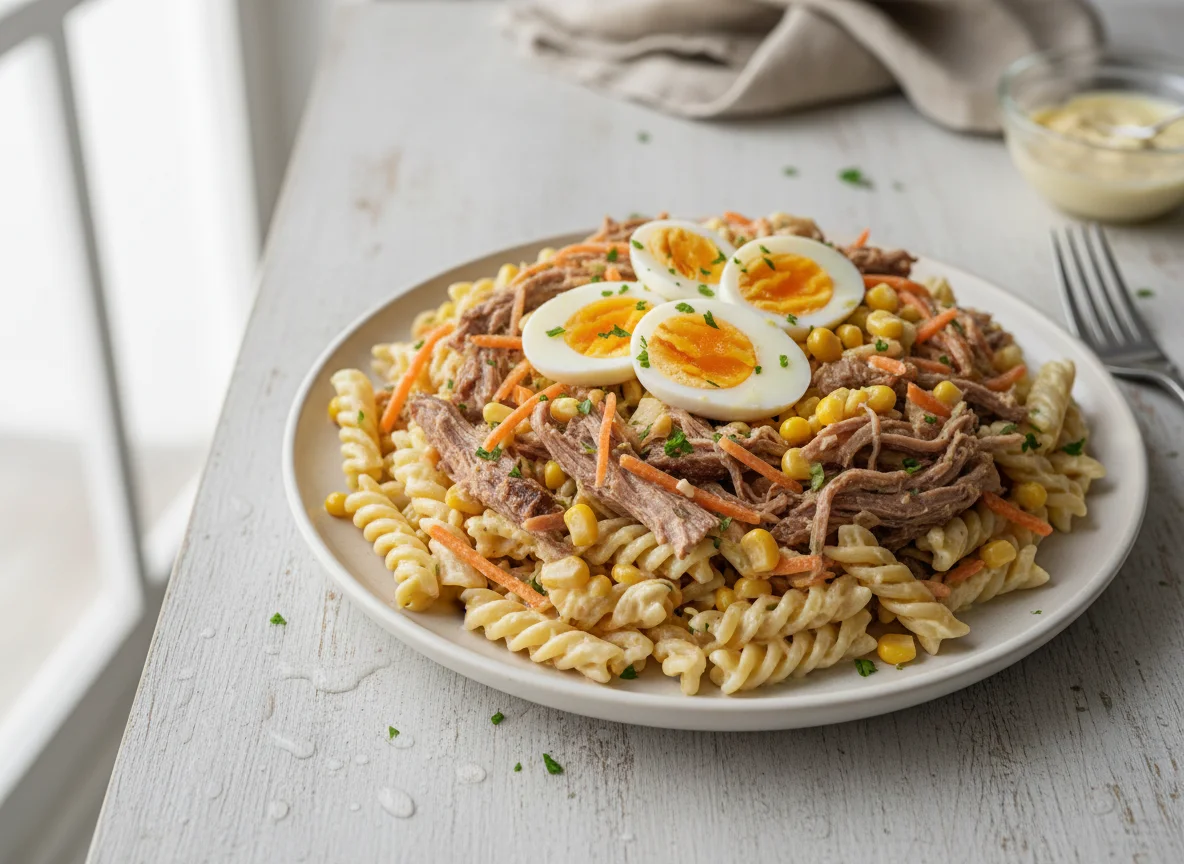 Ensalada de pasta con atún y carne desmechada photo