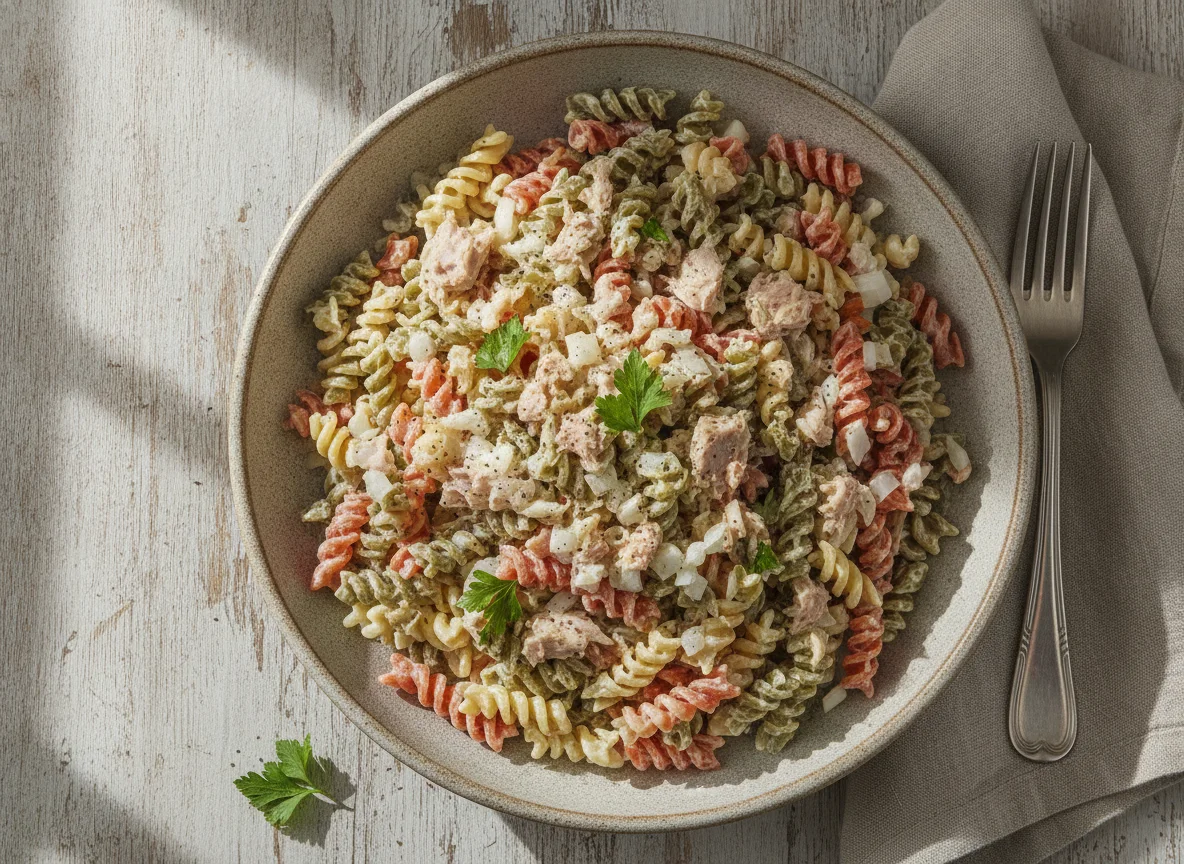 Ensalada de pasta con atún y cebolla photo