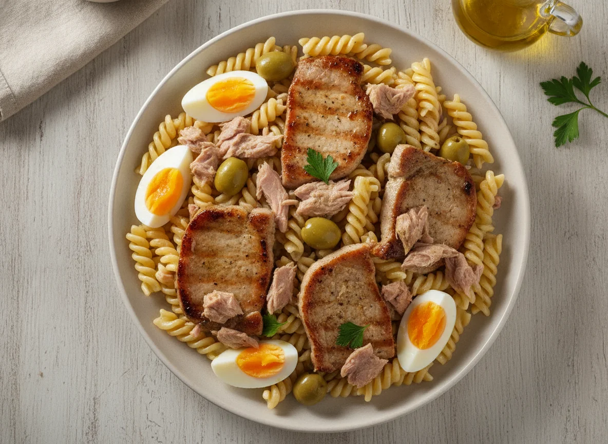 Ensalada de pasta con atún y chuleta de cerdo photo