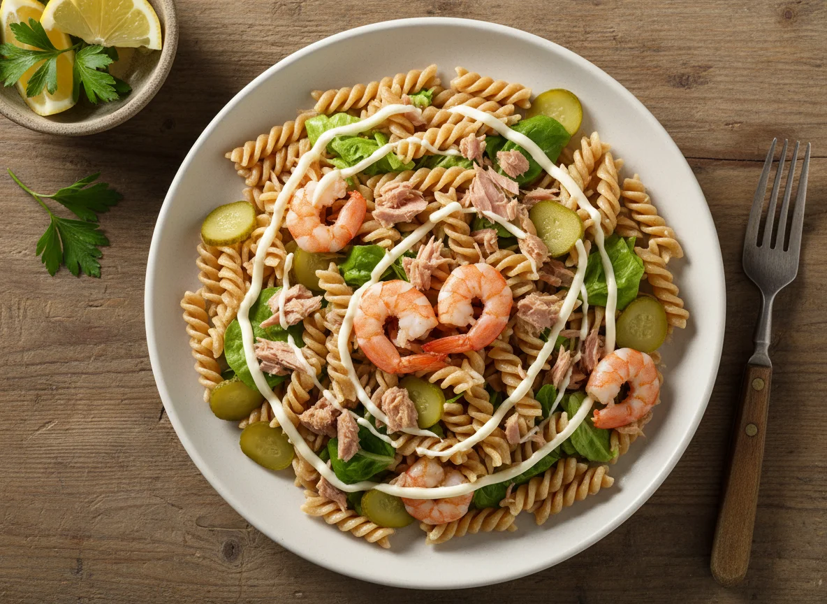 Ensalada de pasta con atún y gambas photo