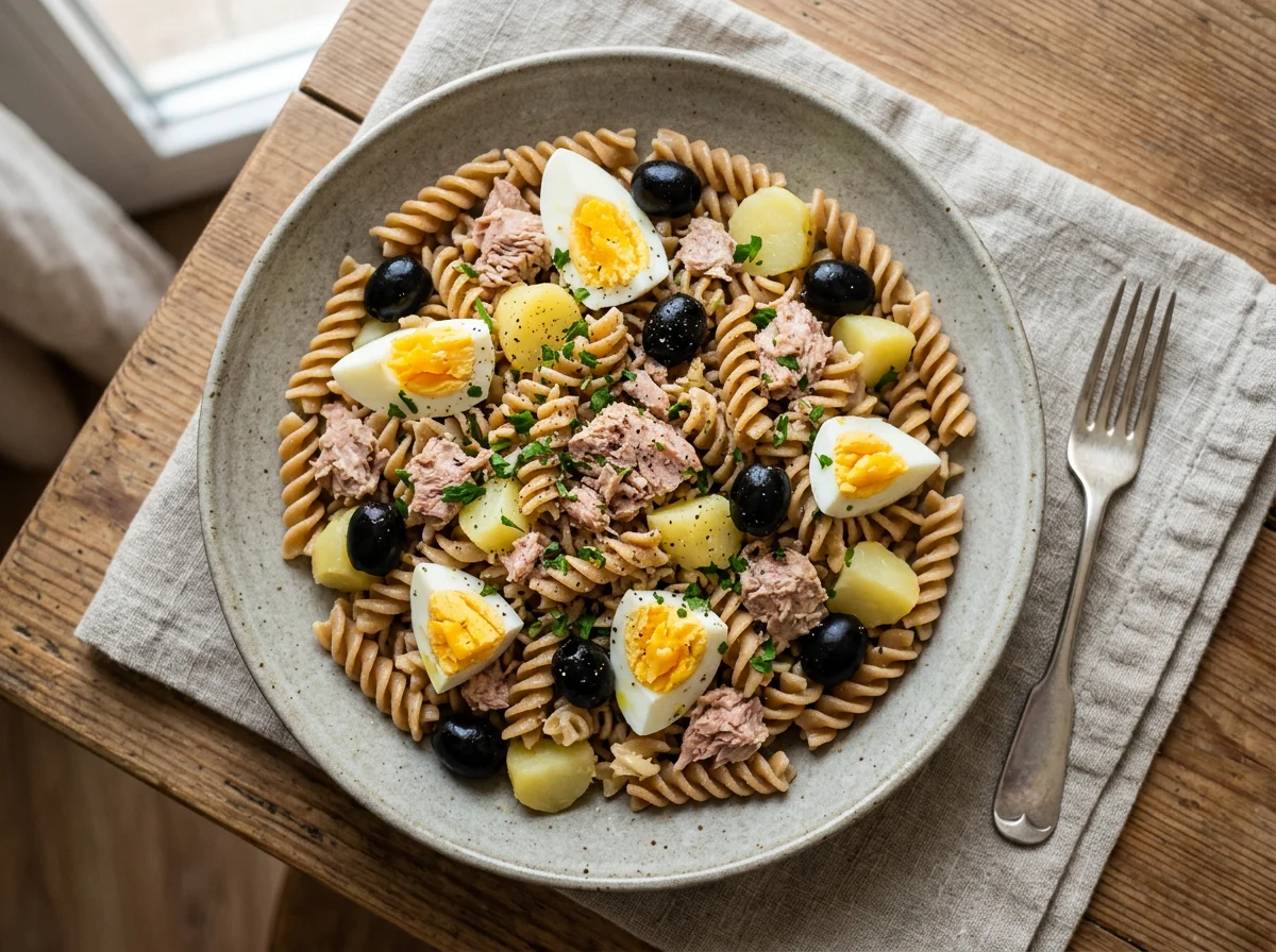 Ensalada de pasta con atún y huevo photo