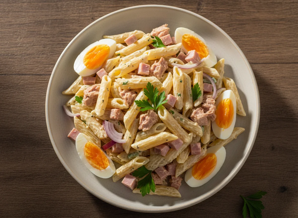 Ensalada de pasta con atún y jamón photo
