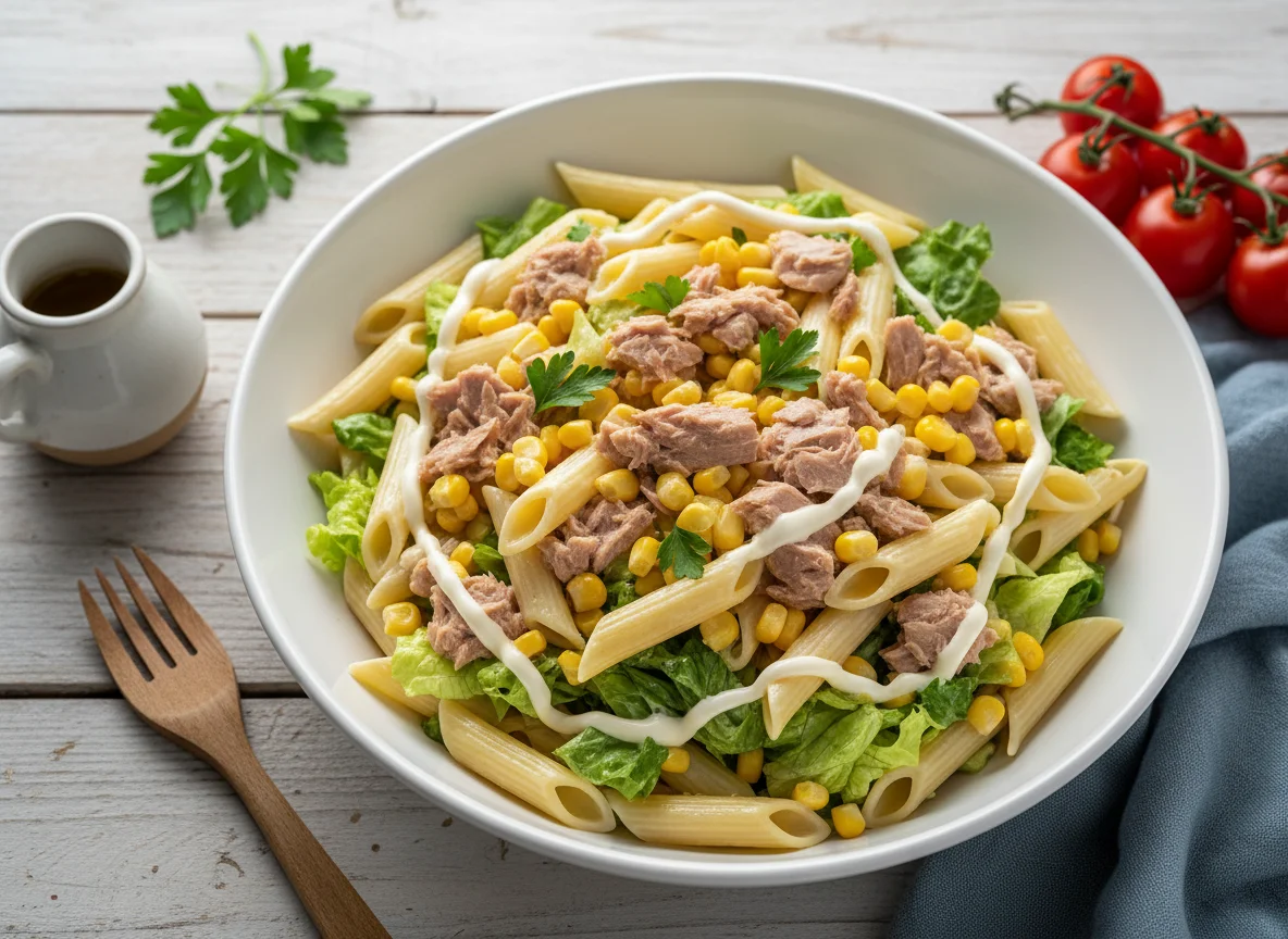 Ensalada de pasta con atún y maíz photo