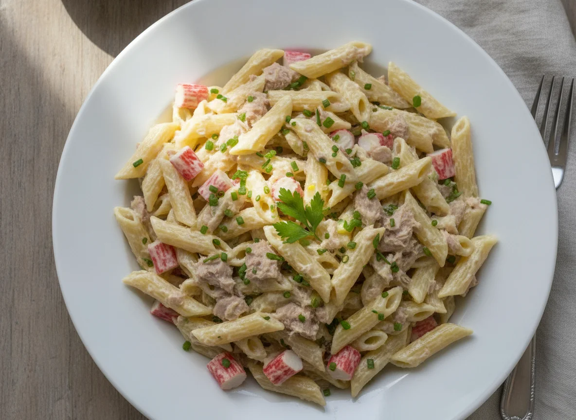 Ensalada de pasta con atún y palitos de cangrejo photo