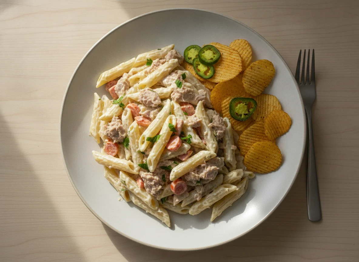 Ensalada de pasta con atún y papas fritas photo