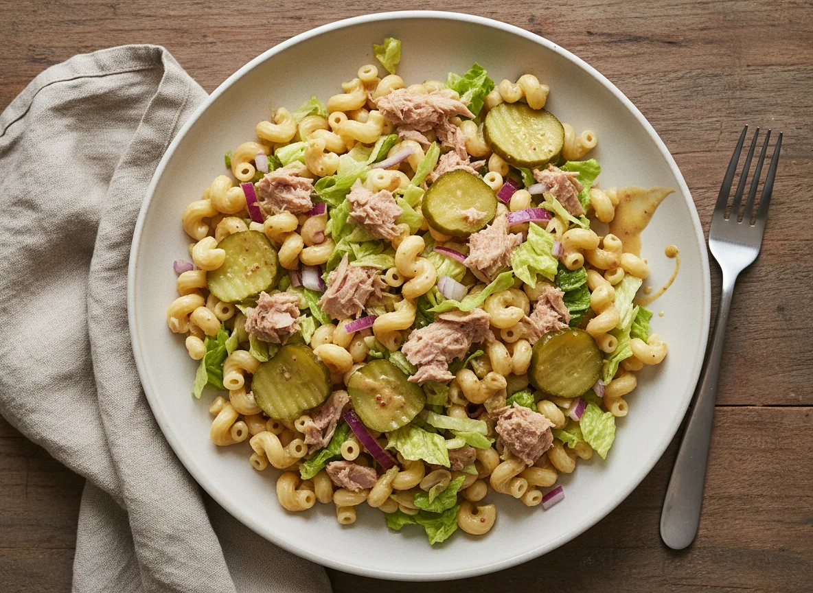 Ensalada de pasta con atún y pepinillos photo