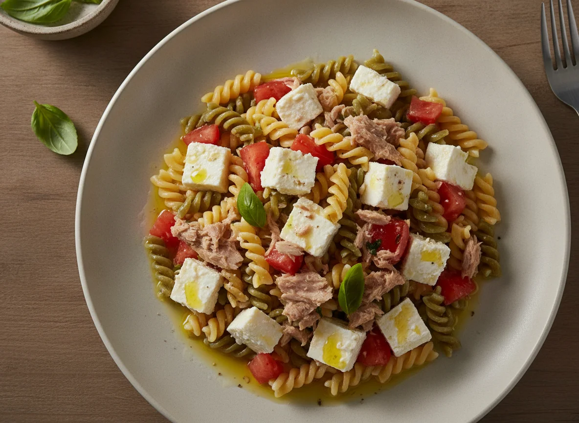 Ensalada de pasta con atún y queso fresco photo