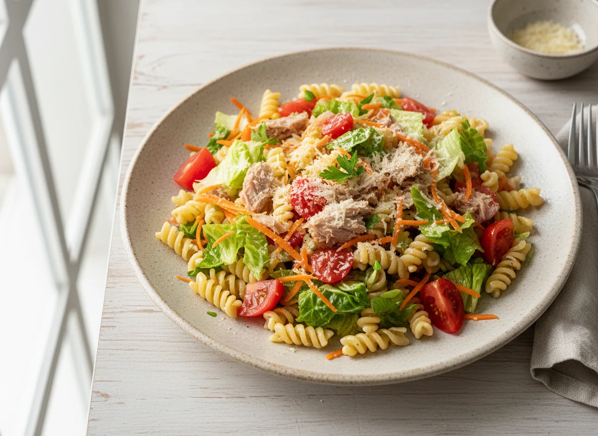 Ensalada de pasta con atún y vegetales photo