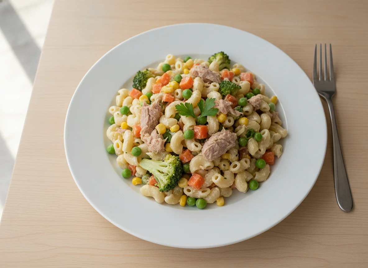 Ensalada de pasta con atún y verduras photo