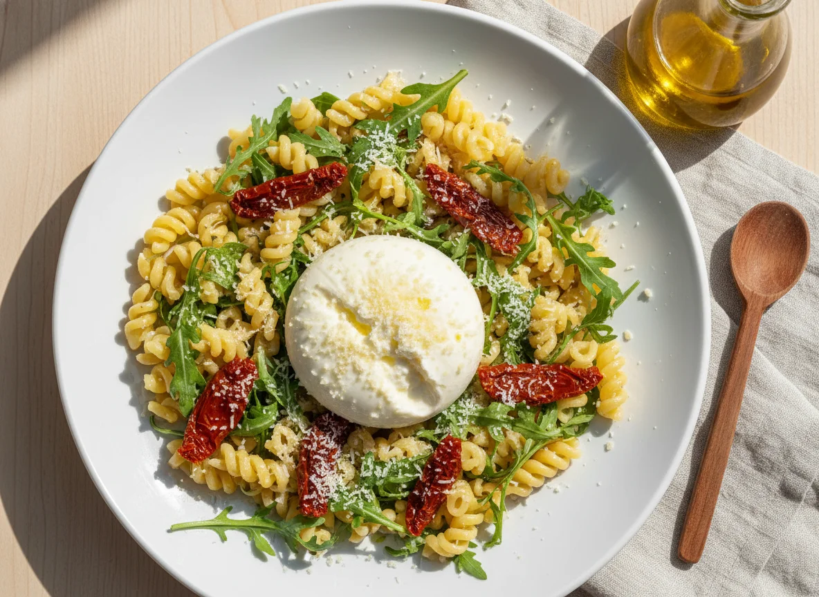 Ensalada de pasta con burrata y rúcula photo
