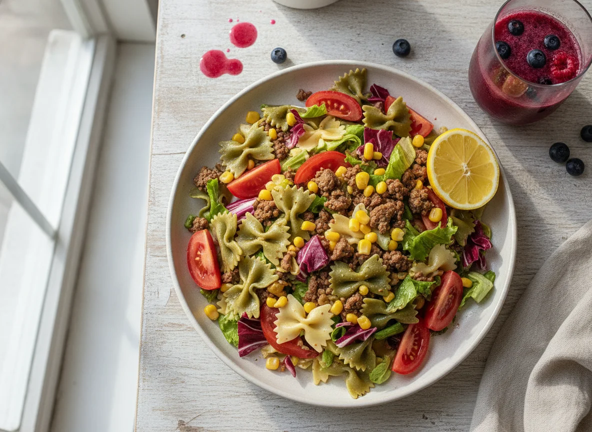 Ensalada de pasta con carne molida y jugo de fruta photo