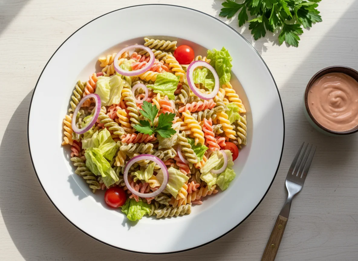 Ensalada de pasta con cebolla y lechuga photo