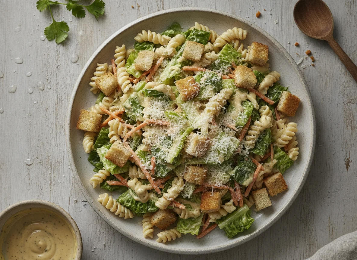 Ensalada de pasta con crutones y aderezo photo