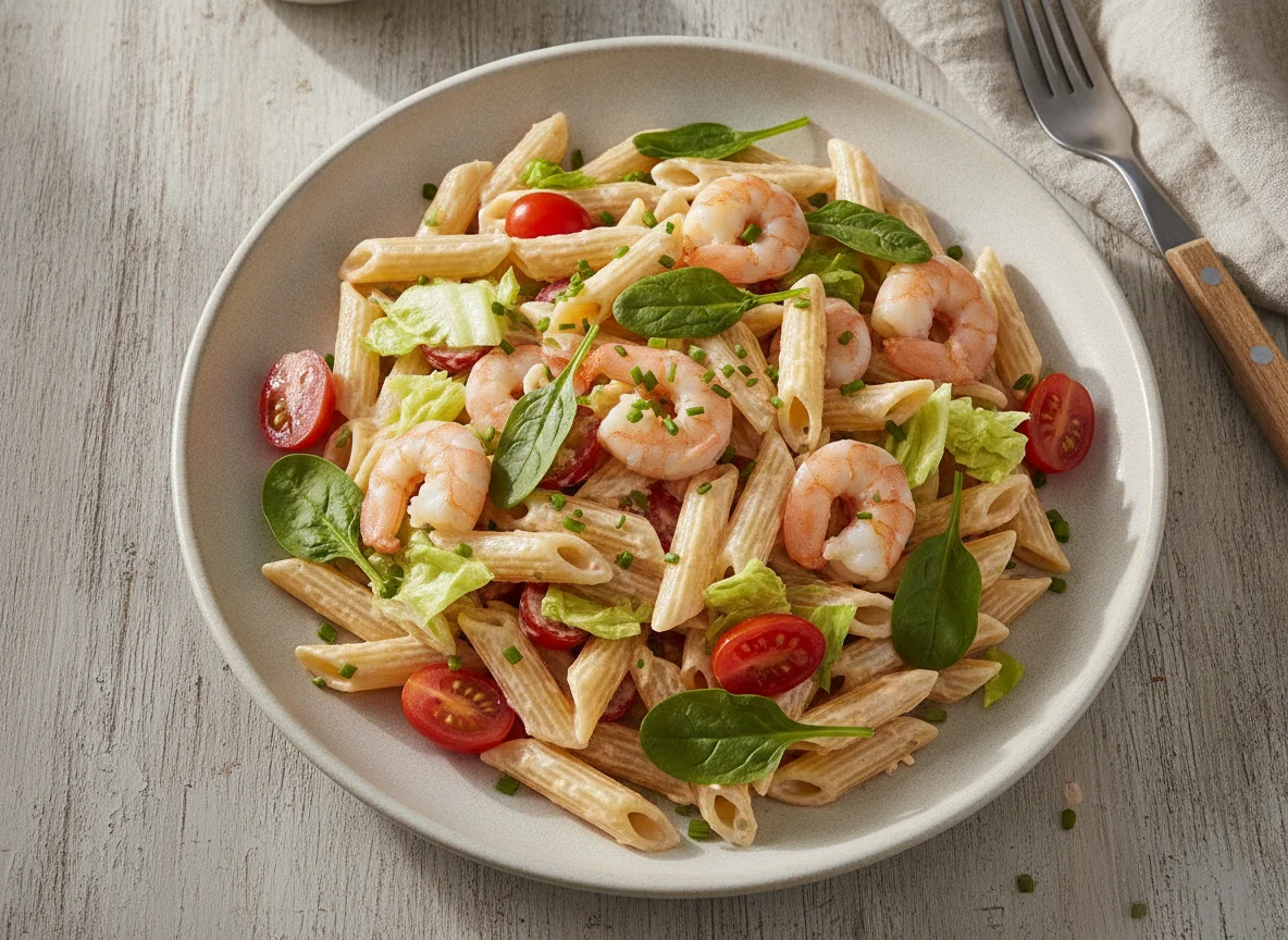 Ensalada de pasta con espinacas, langostinos y salsa rosa photo
